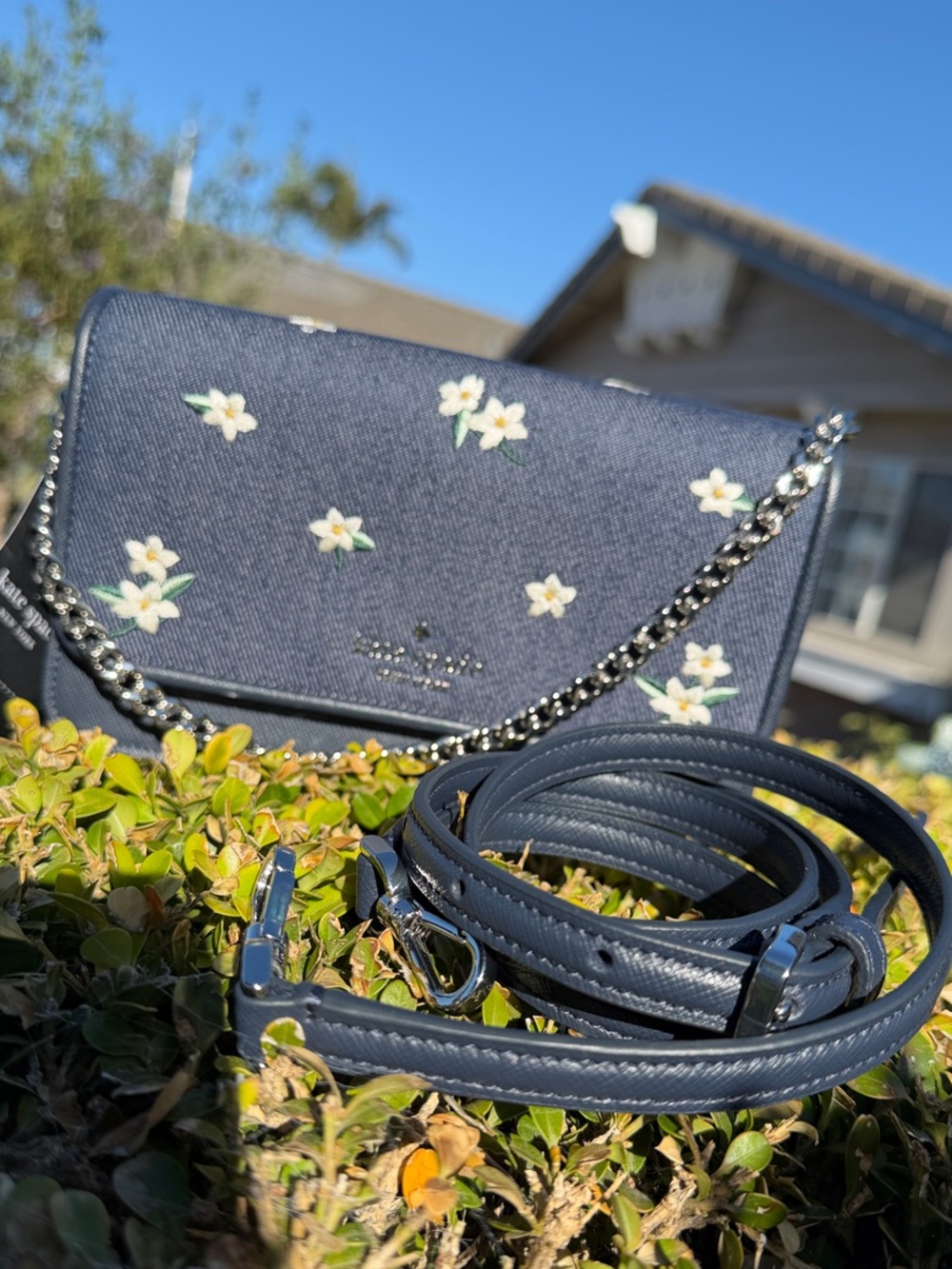 NWT Kate Spade Navy Floral Chain / Leather Shoulder Crossbody Bag